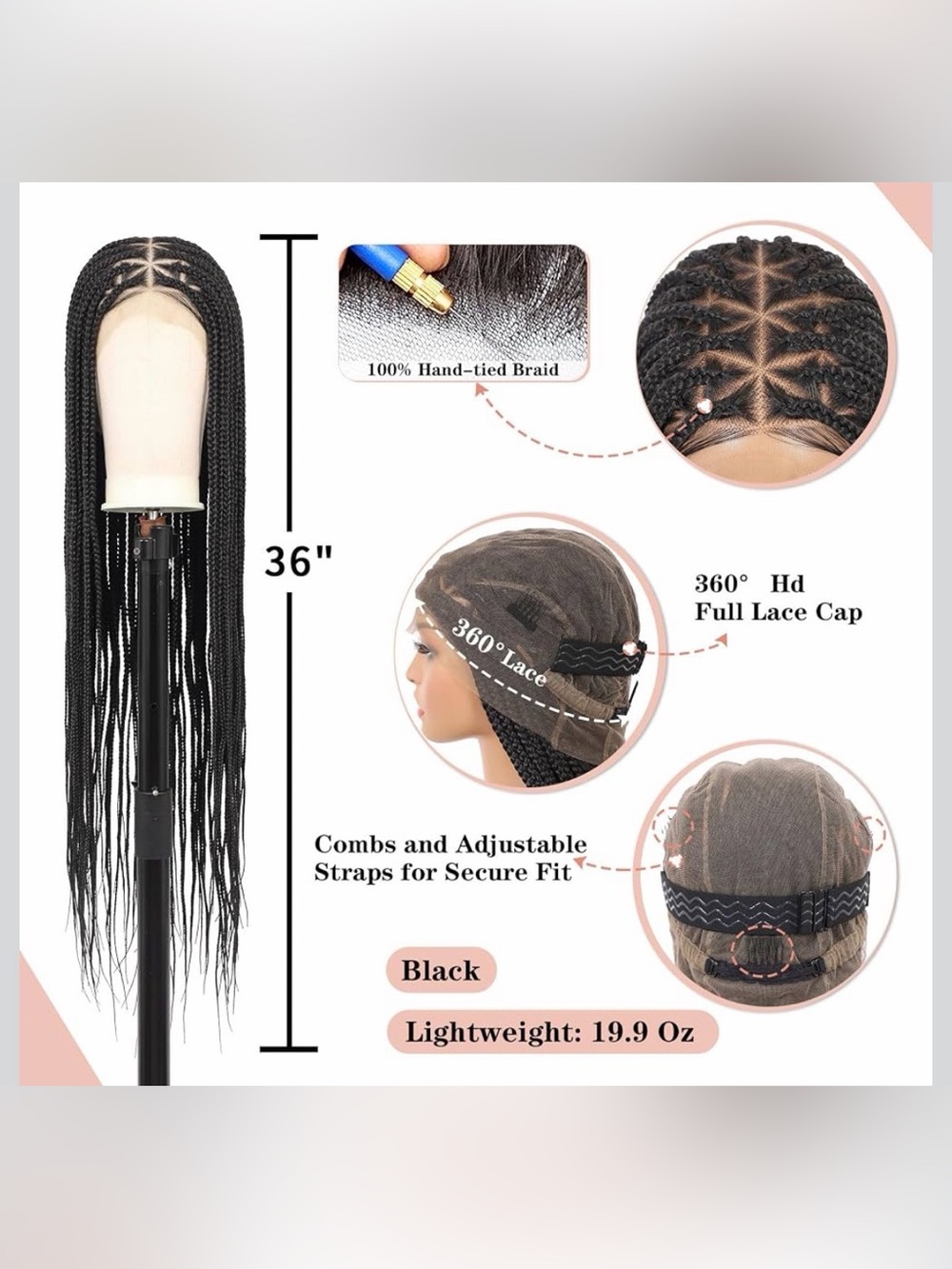 Lexqui 36" 13x8 HD Lace Front Braided Wigs for Women Knotless Braided Wigs - Picture 3 of 5